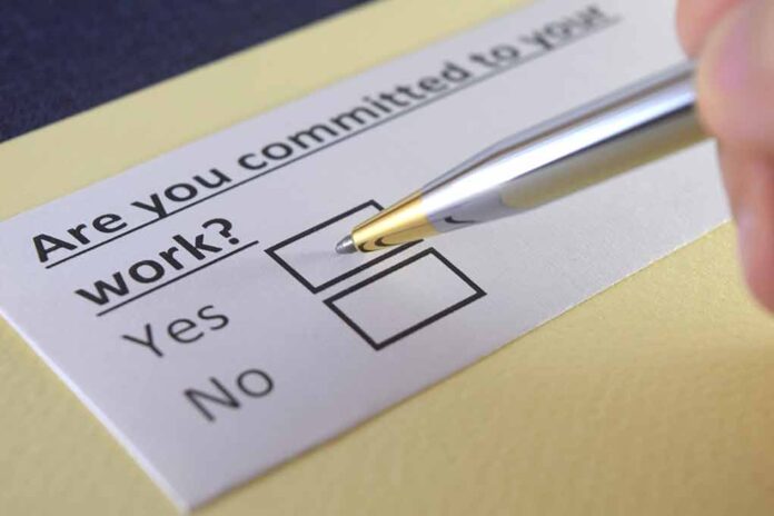 Questionnaire with yes or no options about work commitment.