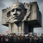 Obama Museum DEMANDS ID — After Years Fighting Voter Laws… A large monument featuring a carved face and a crowd holding protest signs