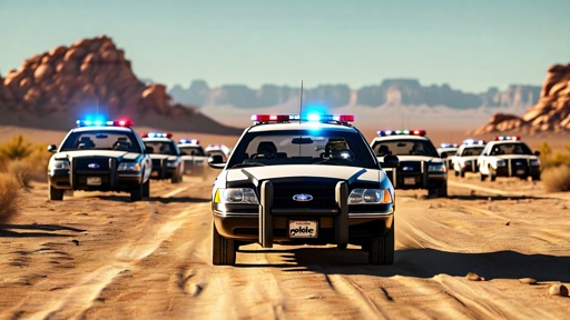 shutterstock_2648891783.jpg A convoy of police cars driving through a desert area with flashing lights