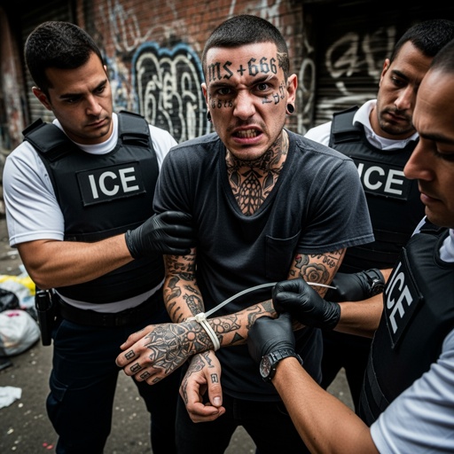 shutterstock_2702314293.jpg Law enforcement officers arresting a man with tattoos in an urban environment