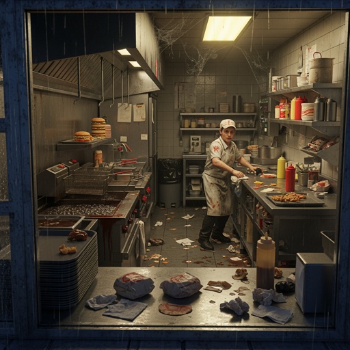 A fast food worker in a messy kitchen preparing burgers