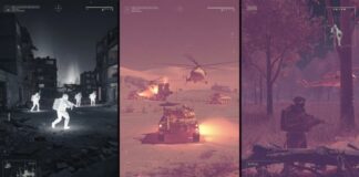 A triptych of military scenes featuring soldiers, helicopters, and an armored vehicle