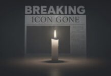 A lit candle in front of a newspaper with the headline 'BREAKING ICON GONE'