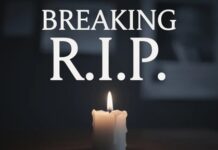 A lit candle with the text 'BREAKING R.I.P.' above it