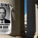 GOP Rep MIA — 37 Votes Missed, Majority at Risk… Missing person poster for Congressman John Doe displayed on a column