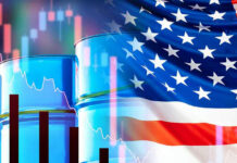 Oil barrels, American flag, and financial graphs.