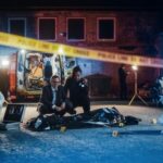 Police and forensic team investigating a crime scene in a dark alley