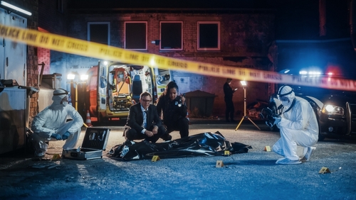 Female,Police,Officer,And,Male,Investigator,Working,As,A,Team Police and forensic team investigating a crime scene in a dark alley