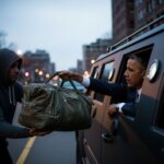 A person handing a bag to someone in a vehicle at night