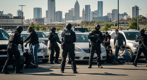 Ice,Agents,Raiding,A,Parking,Lot,Catching,People Police officers in tactical gear conducting an arrest in a parking lot