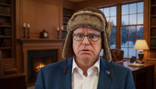 shutterstock_2711748305.jpg A man in a fur hat with a surprised expression in a cozy room