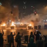 WATCH: THREATS Against Agents’ Families Rock Protests… A nighttime protest scene with fires and people holding phones