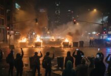 A nighttime protest scene with fires and people holding phones