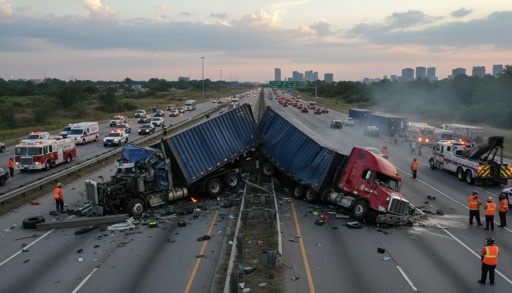Two,Semi,Trucks,Mangled,Togther,After,An,Accident Two overturned trucks blocking a highway with emergency responders at the scene