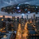 Mysterious Custody DEATH: UFO Researcher Vanishes…. A futuristic spaceship hovering over a city skyline at dusk