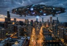 A futuristic spaceship hovering over a city skyline at dusk