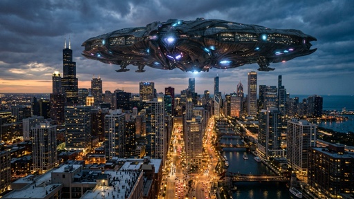 Realistic,Huge,Alien,Space,Craft,Hovering,Over,American,City A futuristic spaceship hovering over a city skyline at dusk