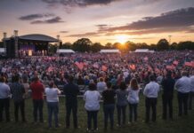 Large crowd at a political rally during sunset