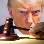 Gavel in foreground, Donald Trump in background, serious expression.