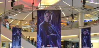 Promotional banners for Avengers Endgame hanging in a shopping mall