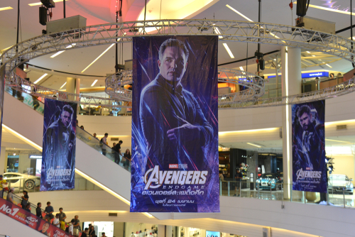 Bangkok,,Thailand,-,May,4,,2019:,The,Poster,Of,A Promotional banners for Avengers Endgame hanging in a shopping mall