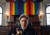 Court Losses Mount — But Where’s The Ban? A female judge in a courtroom holding a gavel with rainbow flags in the background
