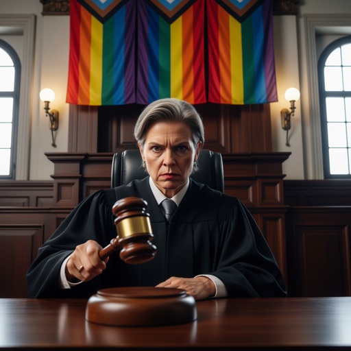 shutterstock_2703749871 A female judge in a courtroom holding a gavel with rainbow flags in the background