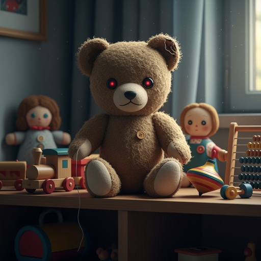 shutterstock_2704959637 A teddy bear with glowing red eyes surrounded by other toys in a playroom
