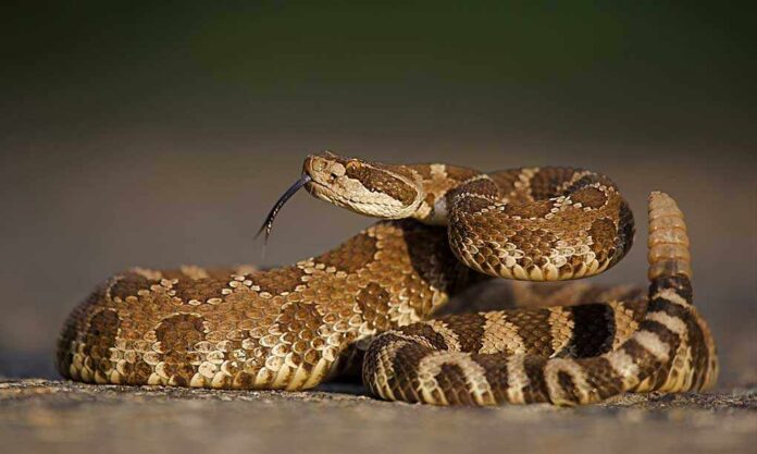 A close-up of a snake with patterned scales and its tongue flicking out