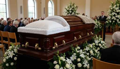 A,Big,Casket,Large,Enough,For,A,1,000,Pound,Man A wooden casket surrounded by flowers at a funeral service