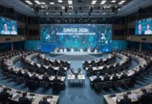 A large conference room filled with international leaders at Davos 2026