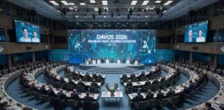 A large conference room filled with international leaders at Davos 2026