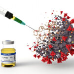 Syringe injecting COVID-19 vaccine into a virus model.