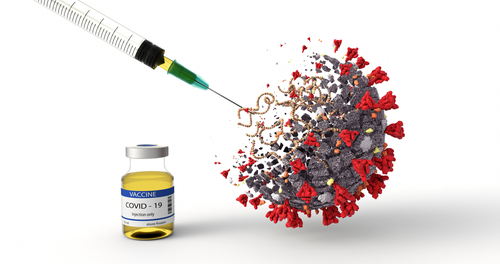 Syringe injecting COVID-19 vaccine into a virus model.