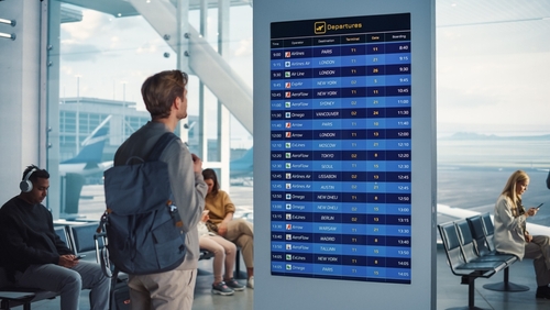 Person viewing flight departure board in busy airport terminal.