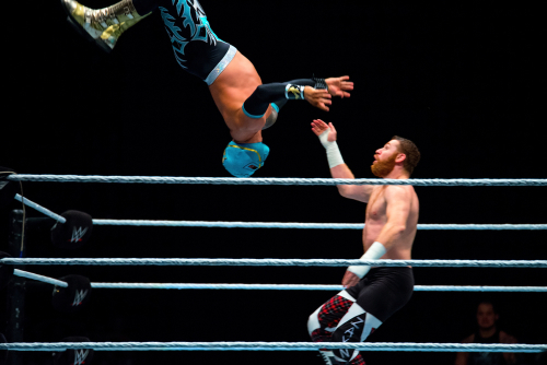 Two wrestlers mid-match, one performing an aerial move.